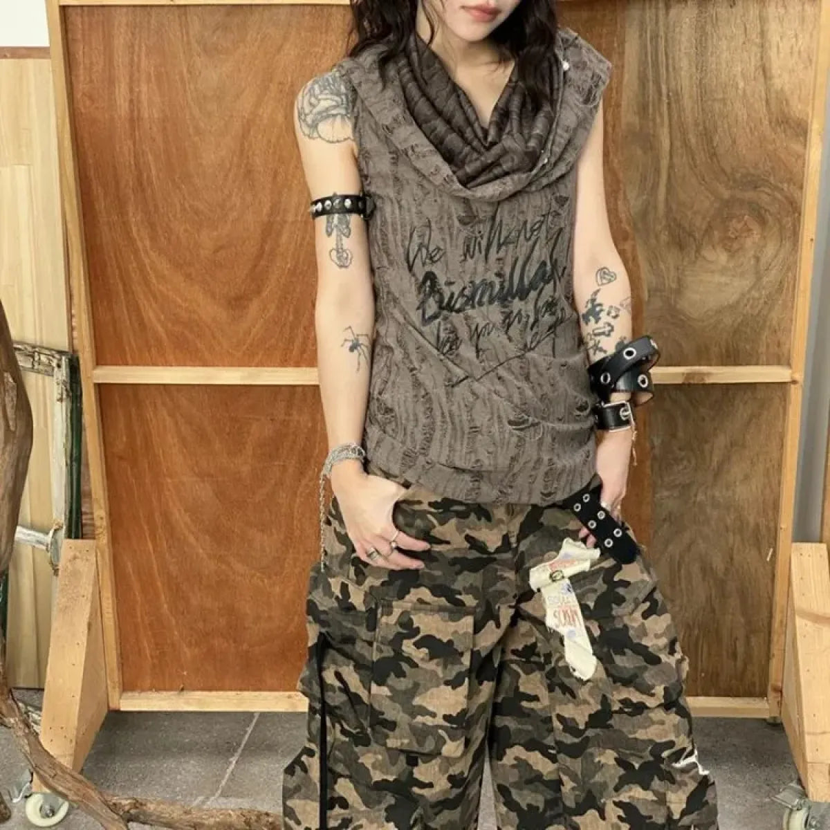 Distressed Hoodie Tank Top – Y2K Grunge Pearl Detail Tee - T-Shirts - Hooded - Tank Tops - 3