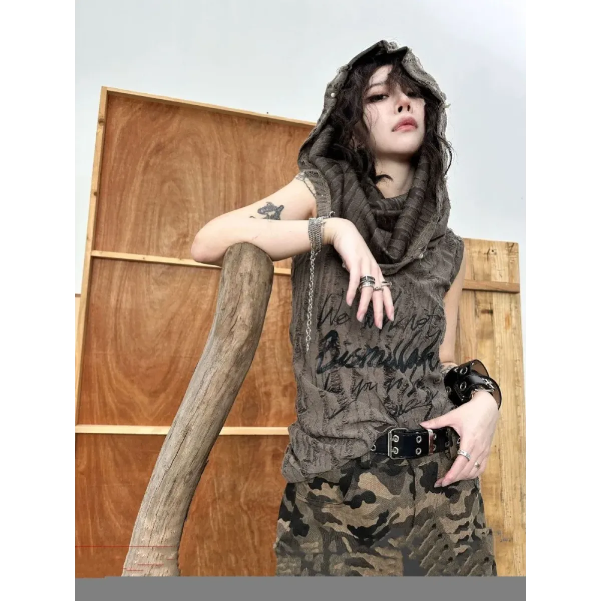 Distressed Hoodie Tank Top – Y2K Grunge Pearl Detail Tee - T-Shirts - Hooded - Tank Tops - 4