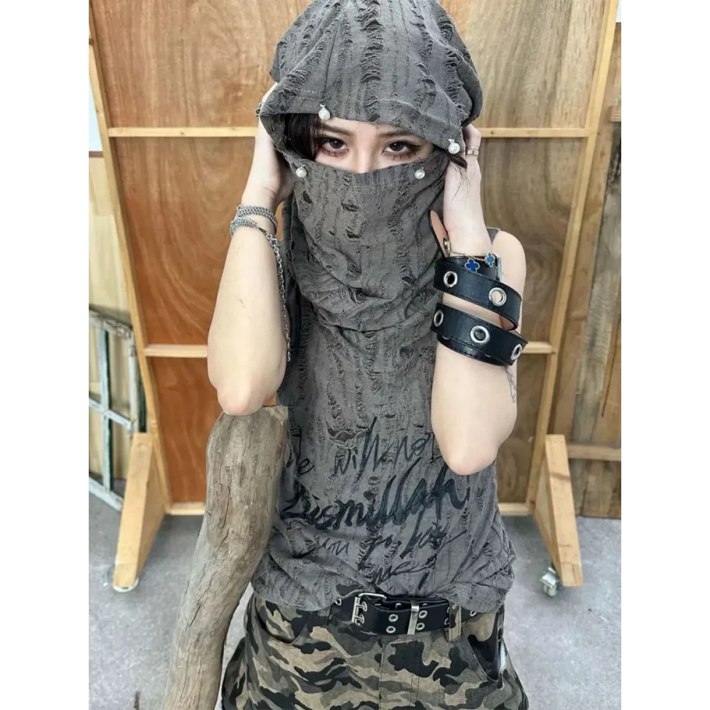 Distressed Hoodie Tank Top – Y2K Grunge Pearl Detail Tee - T-Shirts - Hooded - Tank Tops - 5