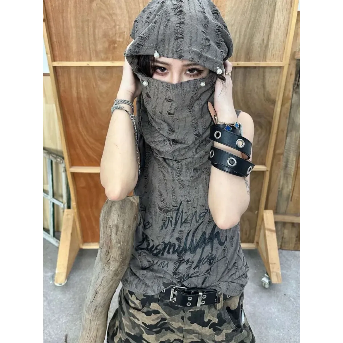 Distressed Hoodie Tank Top – Y2K Grunge Pearl Detail Tee - T-Shirts - Hooded - Tank Tops - 5