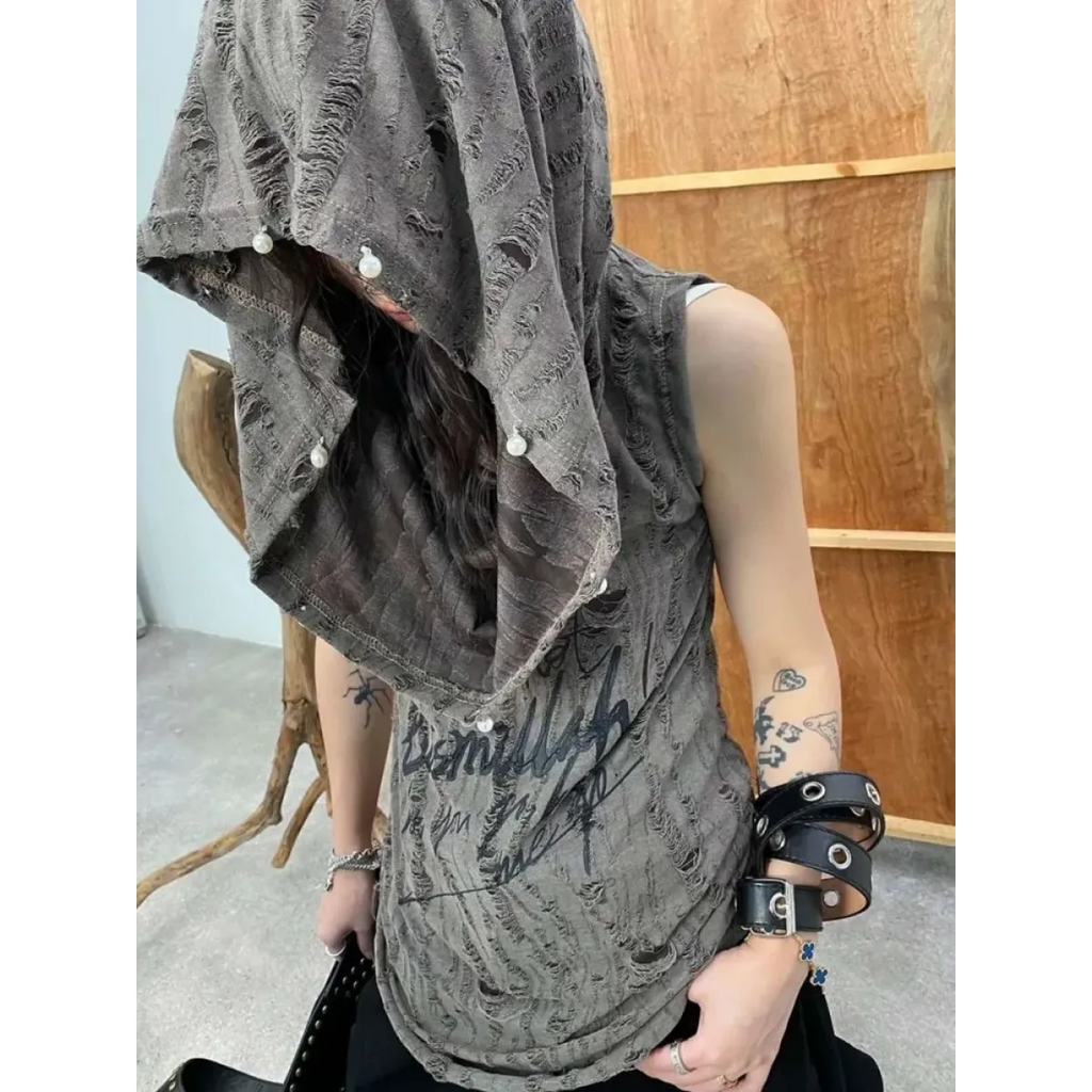 Distressed Hoodie Tank Top – Y2K Grunge Pearl Detail Tee - T-Shirts - Hooded - Tank Tops - 6