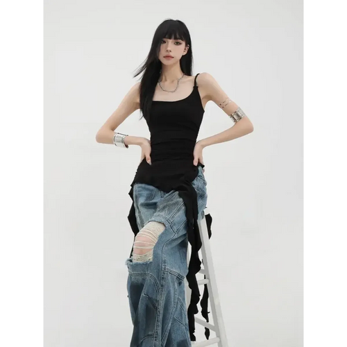 Black Asymmetrical Ruffle Tank Top – Y2K Grunge Punk Camisole - Camis & Tops - Sleeveless - Off-Shoulder - Tank Tops - 2