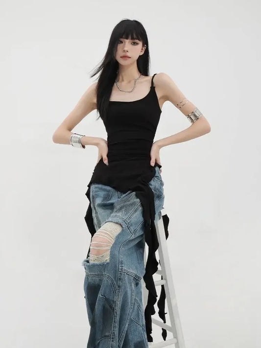 Black Asymmetrical Ruffle Tank Top – Y2K Grunge Punk Camisole - Camis & Tops - Clothing Tops - 2025 - 2 - Worldwide