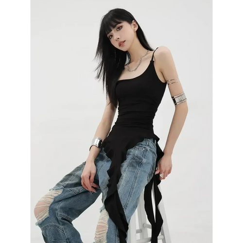 Black Asymmetrical Ruffle Tank Top – Y2K Grunge Punk Camisole - Camis & Tops - Sleeveless - Off-Shoulder - Tank Tops - 1