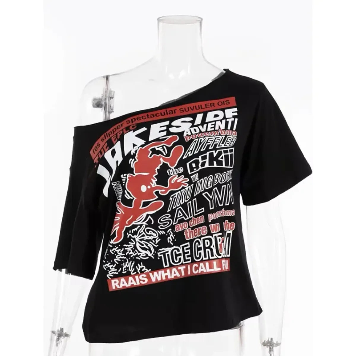 Black Off-Shoulder Graphic Tee – Y2K Grunge Punk Harajuku Crop Top - T-Shirts - Short - Off-Shoulder - Crop Tops - 6