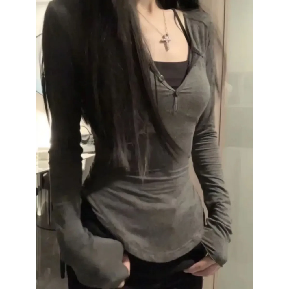 V-Neck Long Sleeve Tee – Y2K Grunge Slim Fit Layered Top - T-Shirts - Long - V-neck - T-Shirts - 1