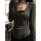 V-Neck Long Sleeve Tee – Y2K Grunge Slim Fit Layered Top - T-Shirts - Long - V-neck - T-Shirts - 2