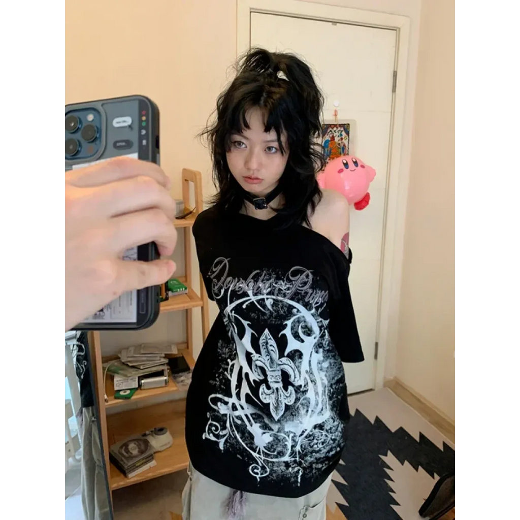 Black Gothic Print T-Shirt – Off-Shoulder Y2K Grunge Tee - T-Shirts - Short - Crew - Unisex T-Shirts - 2