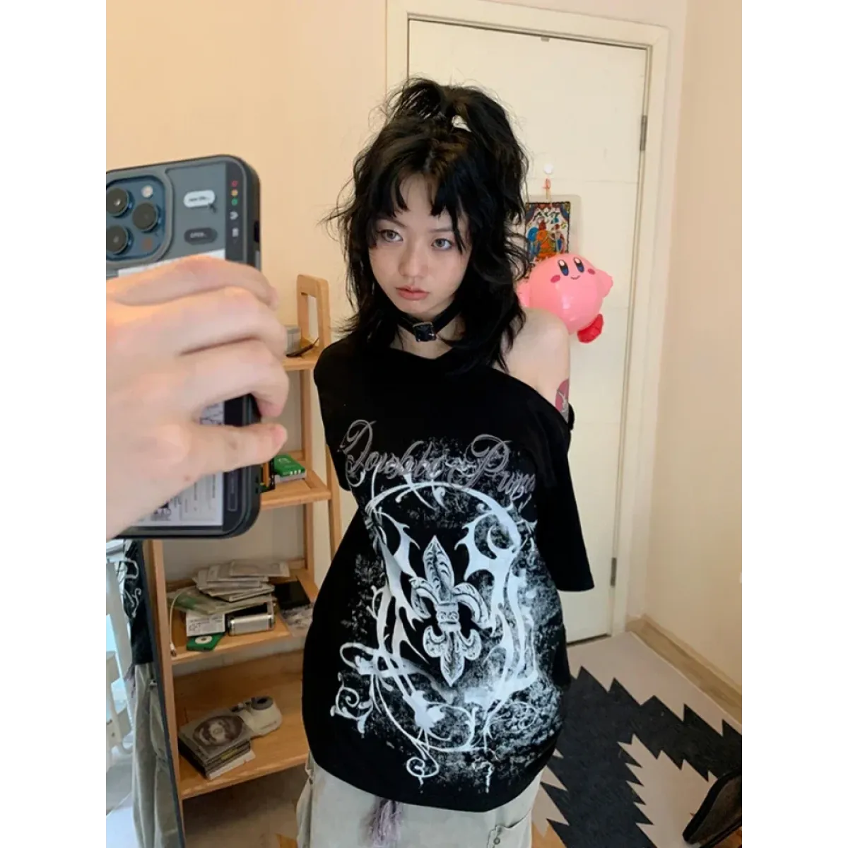 Black Gothic Print T-Shirt – Off-Shoulder Y2K Grunge Tee - T-Shirts - Short - Crew - Unisex T-Shirts - 2