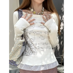 White Music Note Print Top – Off-Shoulder Y2K Grunge Tee - T-Shirts - Long - Round - T-Shirts - 2