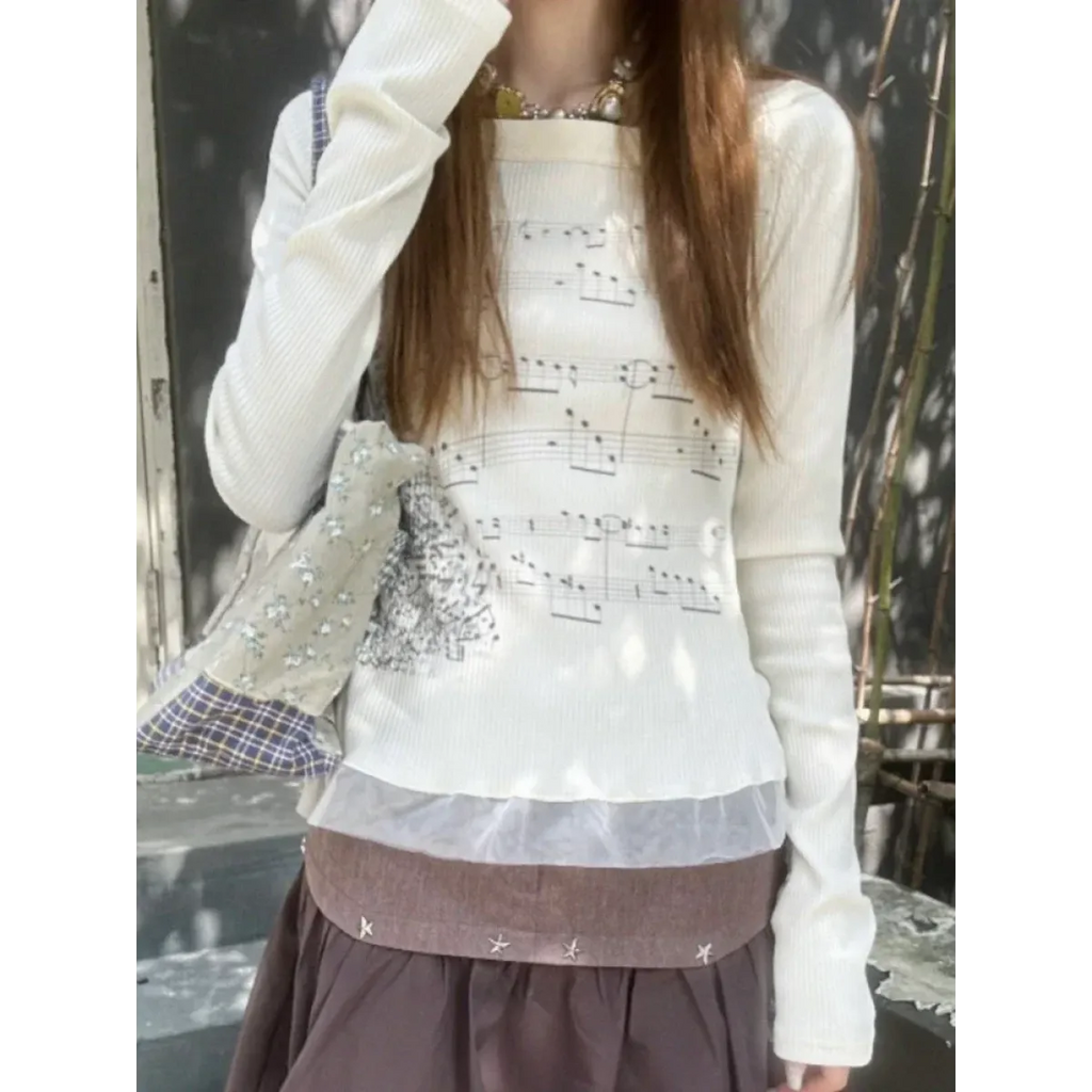 White Music Note Print Top – Off-Shoulder Y2K Grunge Tee - T-Shirts - Long - Round - T-Shirts - 3