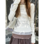 White Music Note Print Top – Off-Shoulder Y2K Grunge Tee - T-Shirts - Long - Round - T-Shirts - 3