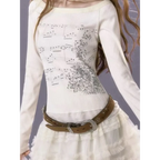 White Music Note Print Top – Off-Shoulder Y2K Grunge Tee - T-Shirts - Long - Round - T-Shirts - 1