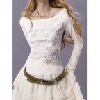 White Music Note Print Top – Off-Shoulder Y2K Grunge Tee - T-Shirts - Long - Round - T-Shirts - 5