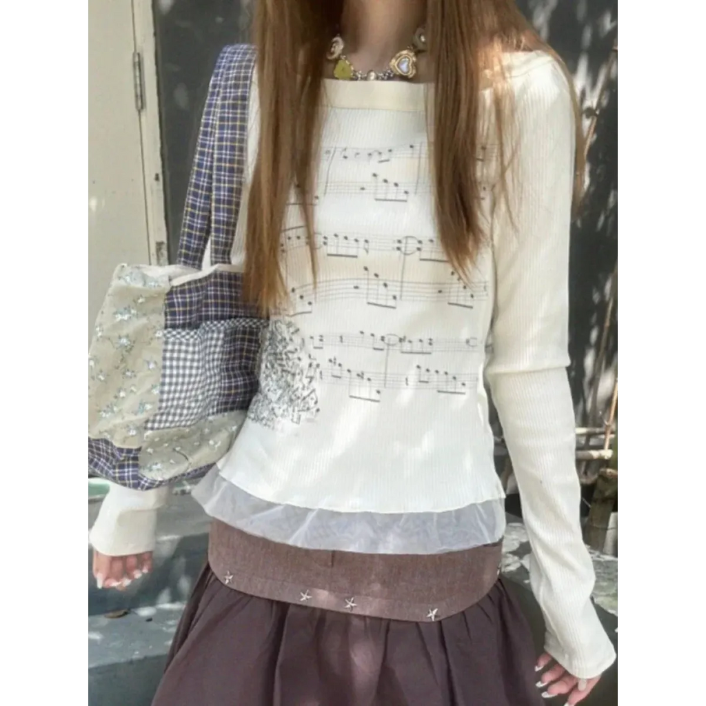 White Music Note Print Top – Off-Shoulder Y2K Grunge Tee - T-Shirts - Long - Round - T-Shirts - 4