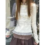 White Music Note Print Top – Off-Shoulder Y2K Grunge Tee - T-Shirts - Long - Round - T-Shirts - 4