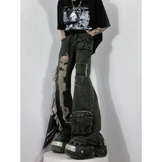 Y2K Grunge Multi-Pocket Distressed Bell Bottom Jeans - Bottoms - Jeans - 2