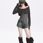 Gray Off-Shoulder Knitted Halter Top – Y2K Gyaru Asymmetric Crop Tee - T-Shirts - Long - Round - Crop Tops - 5