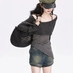 Gray Off-Shoulder Knitted Halter Top – Y2K Gyaru Asymmetric Crop Tee - T-Shirts - Long - Round - Crop Tops - 4