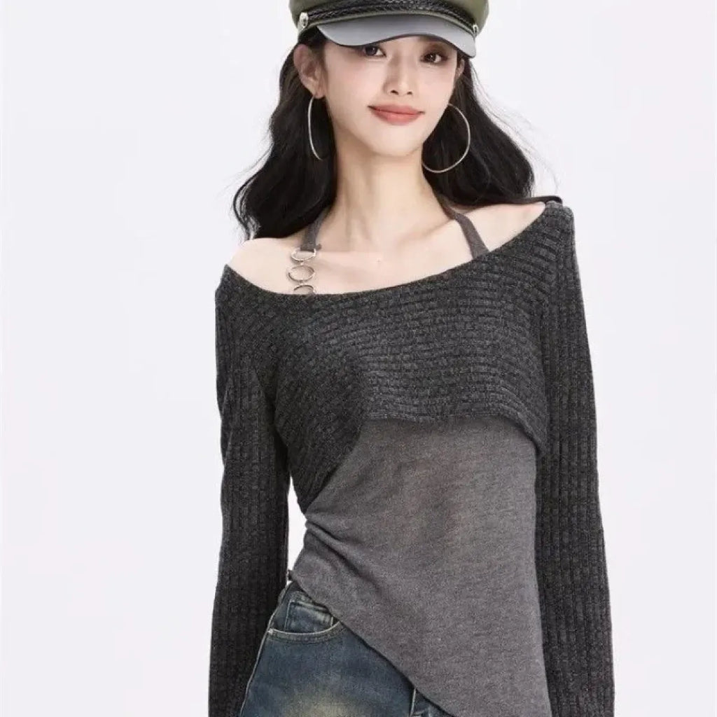 Gray Off-Shoulder Knitted Halter Top – Y2K Gyaru Asymmetric Crop Tee - T-Shirts - Long - Round - Crop Tops - 3