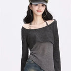 Gray Off-Shoulder Knitted Halter Top – Y2K Gyaru Asymmetric Crop Tee - T-Shirts - Long - Round - Crop Tops - 3