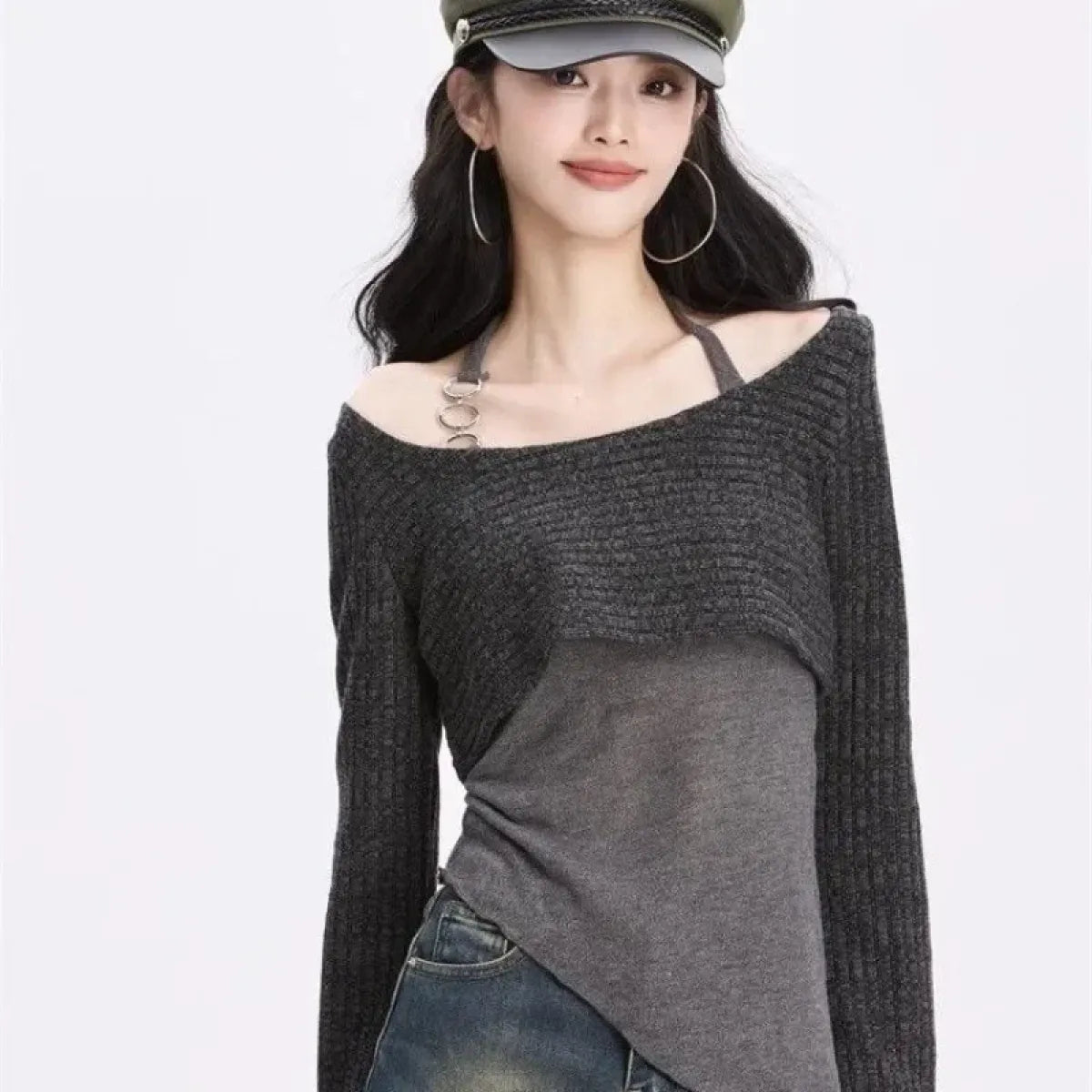 Gray Off-Shoulder Knitted Halter Top – Y2K Gyaru Asymmetric Crop Tee - T-Shirts - Long - Round - Crop Tops - 3