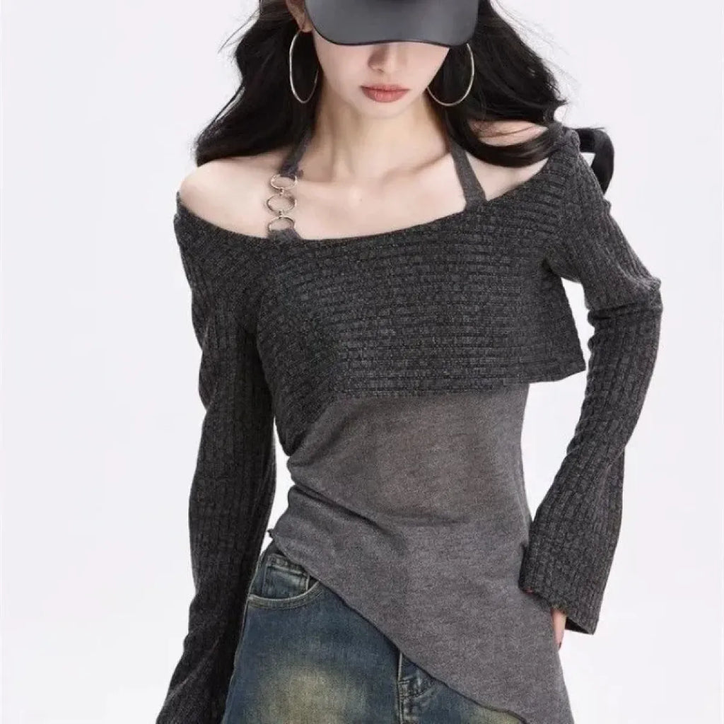 Gray Off-Shoulder Knitted Halter Top – Y2K Gyaru Asymmetric Crop Tee - T-Shirts - Long - Round - Crop Tops - 2