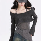 Gray Off-Shoulder Knitted Halter Top – Y2K Gyaru Asymmetric Crop Tee - T-Shirts - Long - Round - Crop Tops - 2