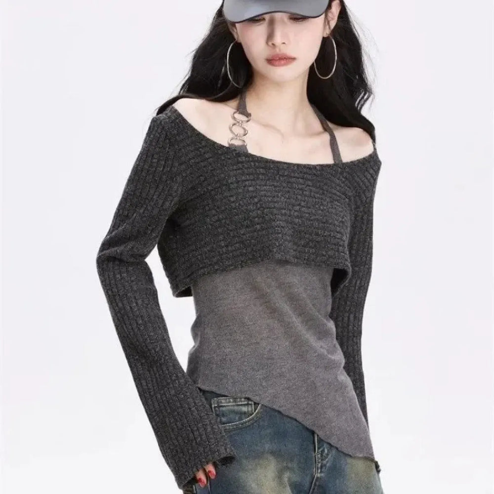 Gray Off-Shoulder Knitted Halter Top – Y2K Gyaru Asymmetric Crop Tee - T-Shirts - Long - Round - Crop Tops - 1