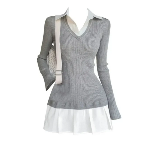 Preppy Knitted Mini Dress – Y2K Gyaru Fake Two-Piece - All Dresses - Long - V-neck - Dresses - 1
