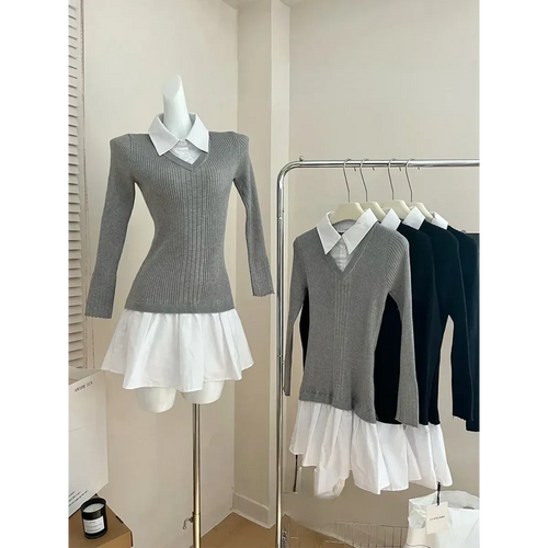 Preppy Knitted Mini Dress – Y2K Gyaru Fake Two-Piece - All Dresses - Long - V-neck - Dresses - 2