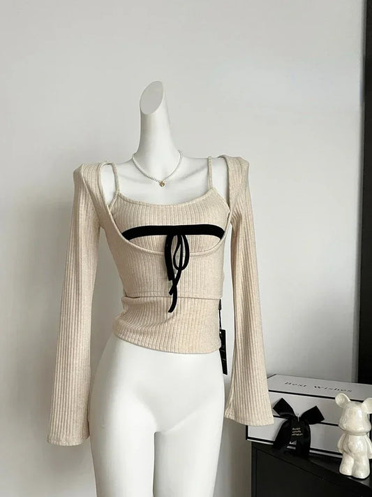 Y2K Gyaru Knit Two-Piece Set – Cropped Ribbed Sweater Top - Beige / XS - Sweaters - 2025 - 7 - Worldwide Shipping