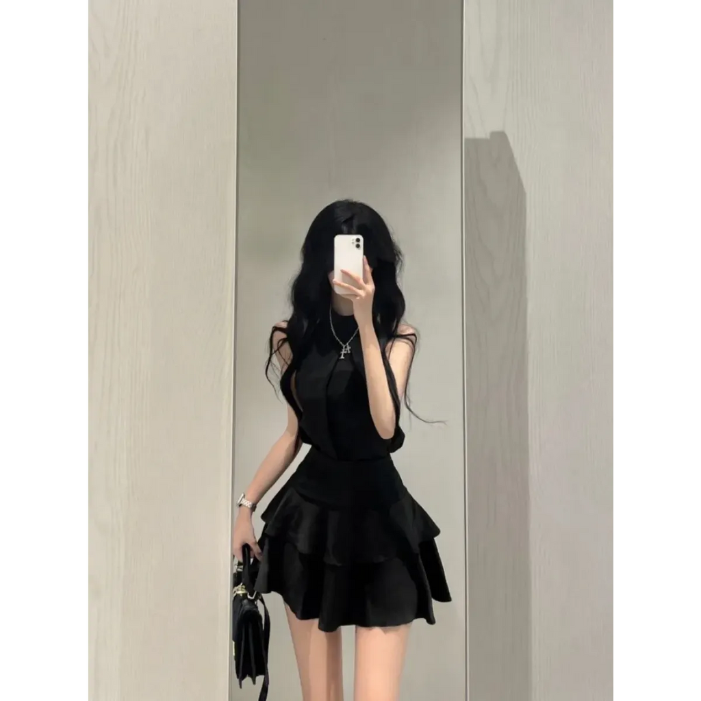 Y2K Halter Top & Ruched Tiered Skirt Set - Bottoms - Sets / Co-ords - 3