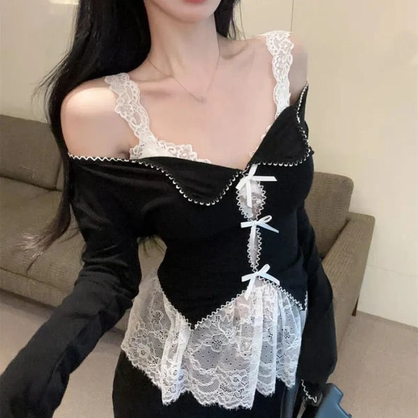 Lace Trim Bow Top – Y2K Harajuku 90s Aesthetic Long Sleeve - Women’s Clothing & Accessories - Long - Off-Shoulder