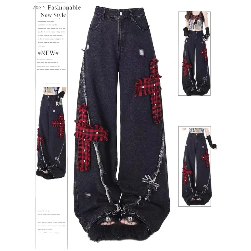 Gothic Patchwork Baggy Jeans – Y2K Harajuku Grunge - Bottoms - Women’s Jeans - 1