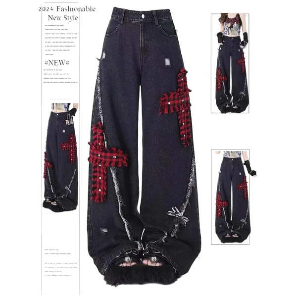 Gothic Patchwork Baggy Jeans – Y2K Harajuku Grunge - Bottoms - Women’s Jeans - 1