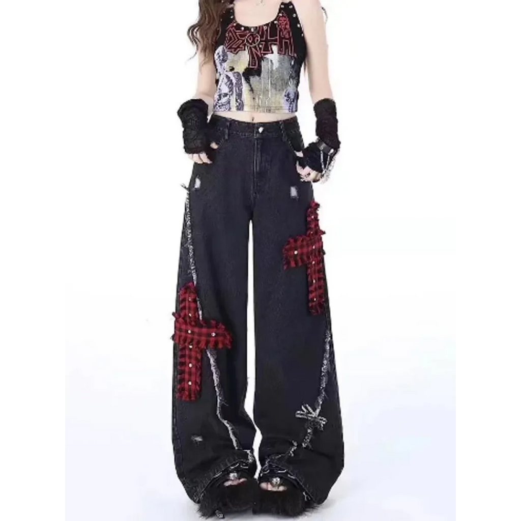 Gothic Patchwork Baggy Jeans – Y2K Harajuku Grunge - Bottoms - Women’s Jeans - 2