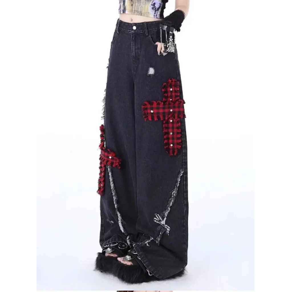 Gothic Patchwork Baggy Jeans – Y2K Harajuku Grunge - Bottoms - Women’s Jeans - 3