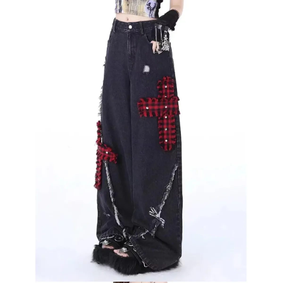 Gothic Patchwork Baggy Jeans – Y2K Harajuku Grunge - Bottoms - Women’s Jeans - 3
