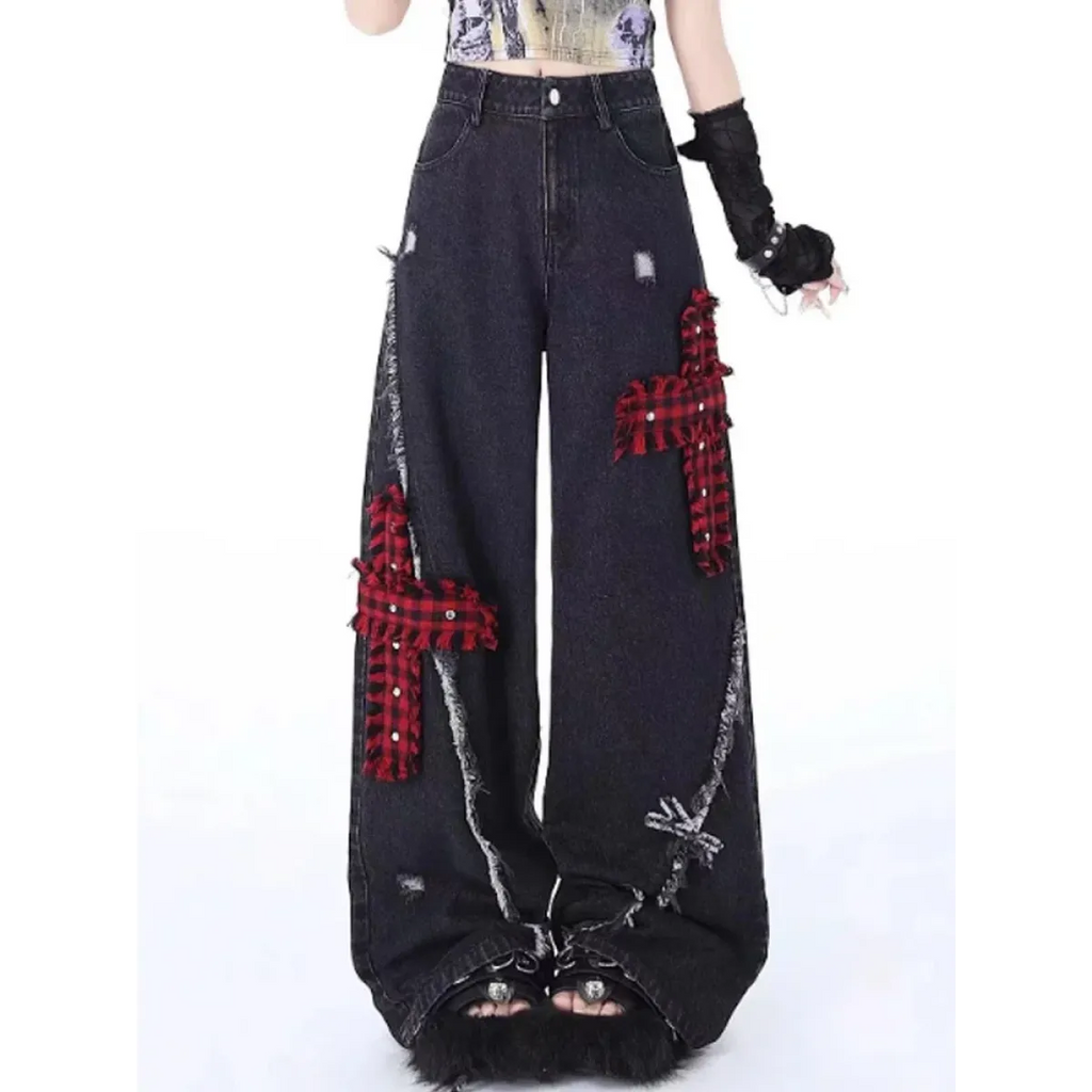 Gothic Patchwork Baggy Jeans – Y2K Harajuku Grunge - Bottoms - Women’s Jeans - 5