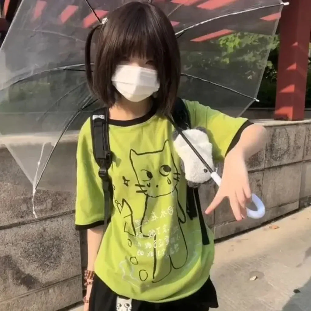Loose Fit Cartoon Cat Tee – Y2K Harajuku Kawaii Summer T-Shirt - T-Shirts - Short - Crew - T-Shirts - 1