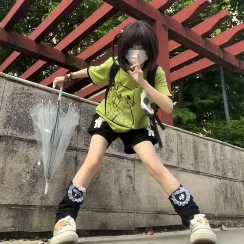 Loose Fit Cartoon Cat Tee – Y2K Harajuku Kawaii Summer T-Shirt - T-Shirts - Short - Crew - T-Shirts - 2