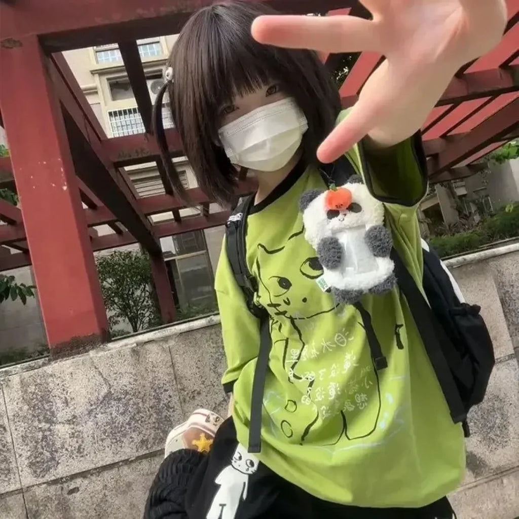 Loose Fit Cartoon Cat Tee – Y2K Harajuku Kawaii Summer T-Shirt - T-Shirts - Short - Crew - T-Shirts - 4