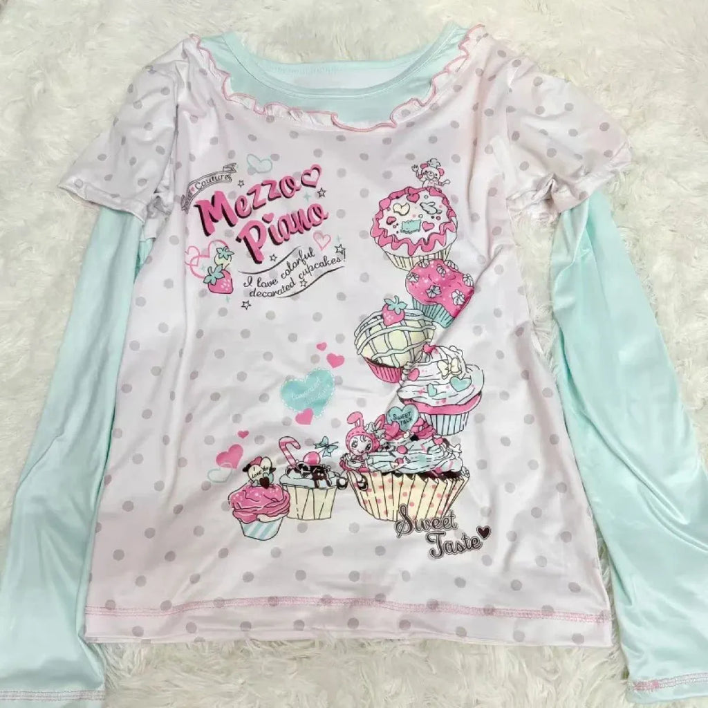 Kawaii Cupcake Print Top – Y2K Harajuku Long Sleeve Shirt - T-Shirts - Long - Round - Crop Tops - 2