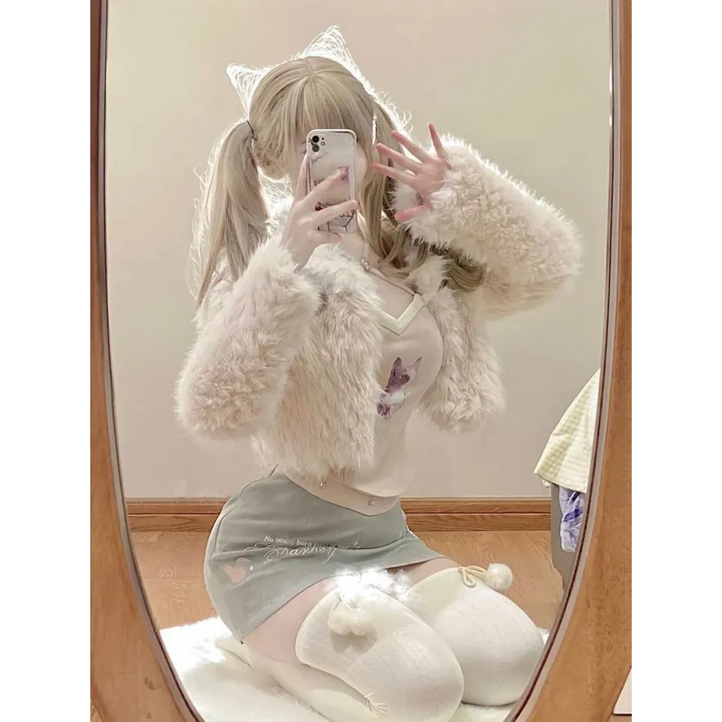 Kawaii Faux Fur Coat & Mini Skirt Set – Y2K Harajuku Outfit - Bottoms - Long - Shirt - Clothing Sets - 2
