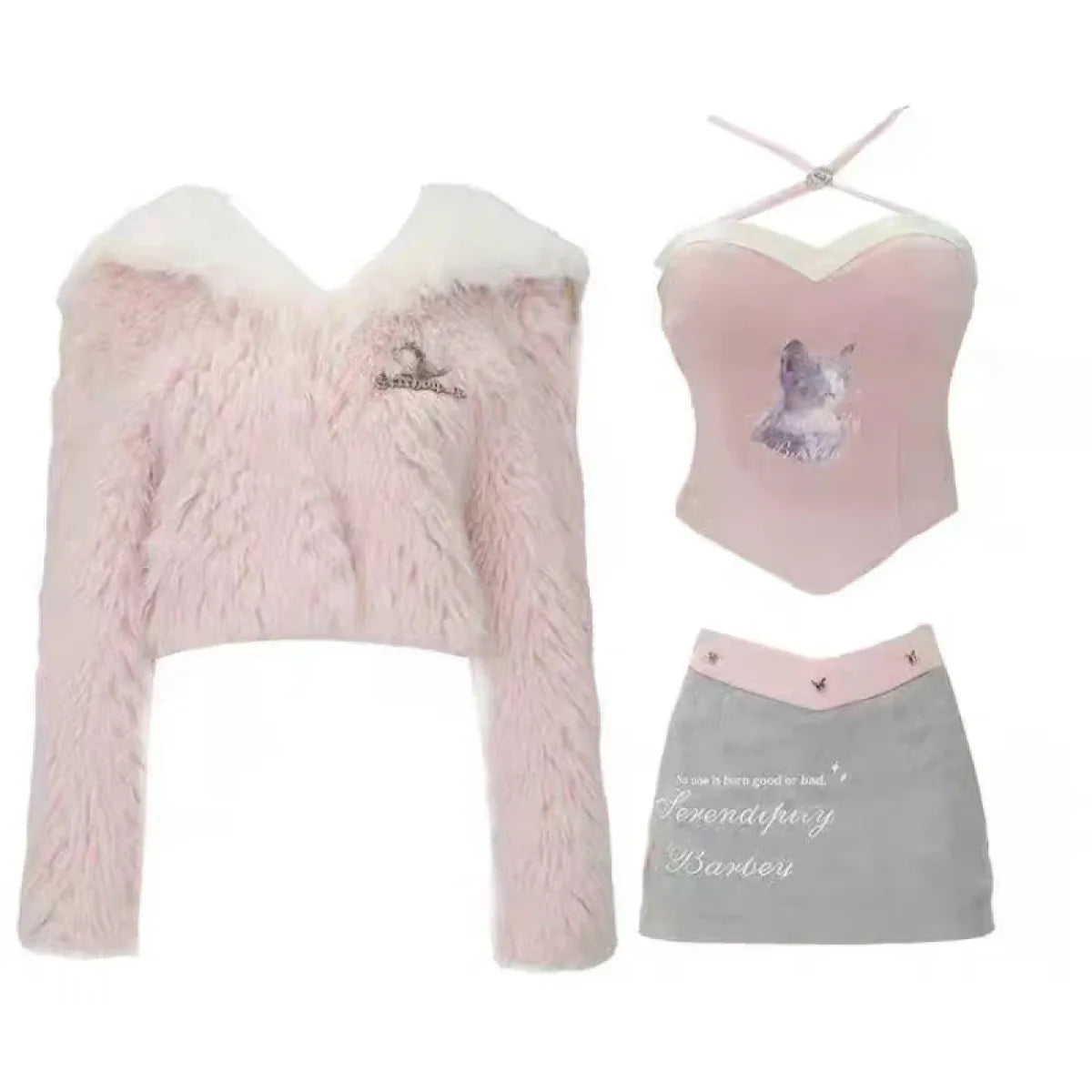 Kawaii Faux Fur Coat & Mini Skirt Set – Y2K Harajuku Outfit - Bottoms - Long - Shirt - Clothing Sets - 5