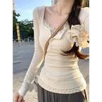 Layered Lace Trim Top – Y2K Harajuku Slim Fit Tee - T-Shirts - Long - V-neck - T-Shirts - 1