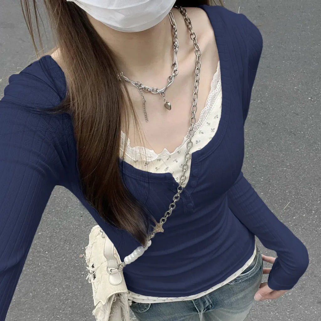 Layered Lace Trim Top – Y2K Harajuku Slim Fit Tee - T-Shirts - Long - V-neck - T-Shirts - 7