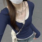 Layered Lace Trim Top – Y2K Harajuku Slim Fit Tee - T-Shirts - Long - V-neck - T-Shirts - 7