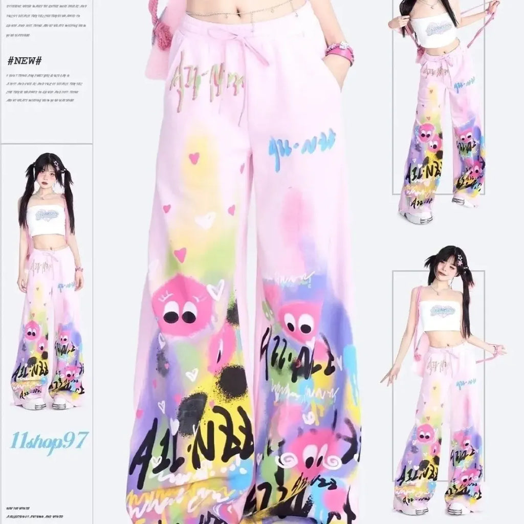 Graffiti Wide-Leg Pants – Y2K Harajuku Streetwear Aesthetic - Bottoms - Women’s Pants - 7
